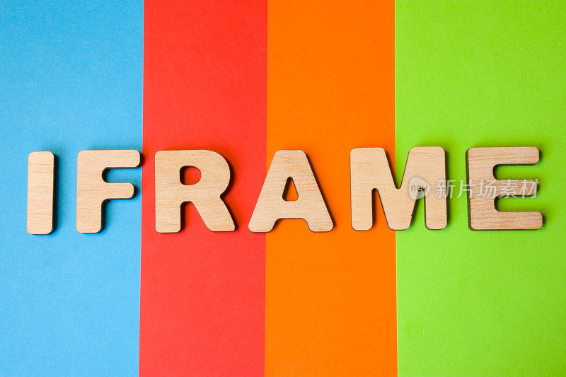 Word Iframe由3D字母组成，背景为蓝、红、橙、绿4种颜色。Iframe作为html元素或标签被创建来显示或插入新的网页在已经打开的网页上